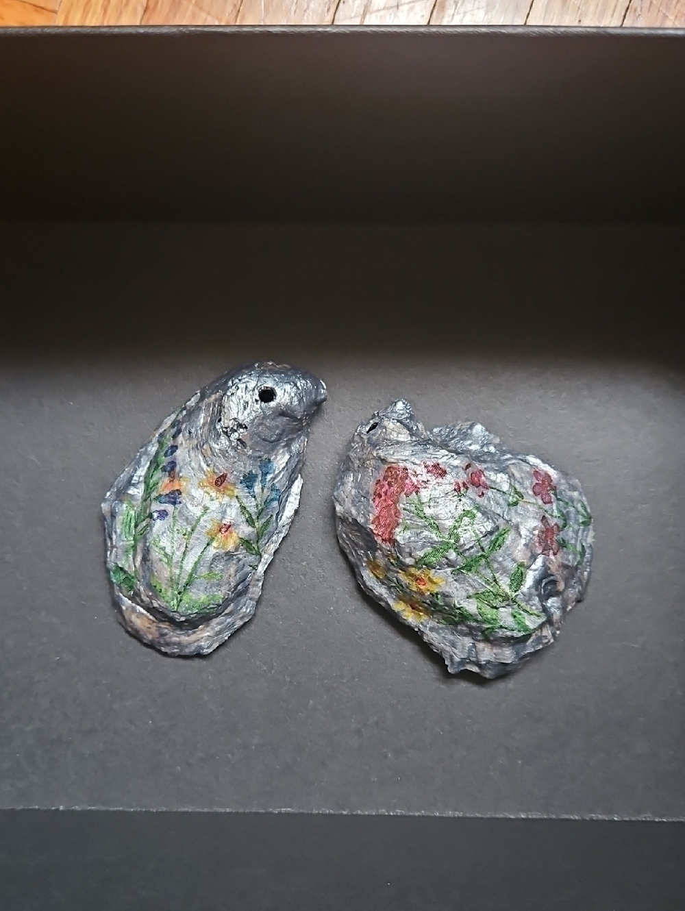 Handmade Floral Decoupaged Oyster Shell Bowls / Ornament/ Painted Silver.